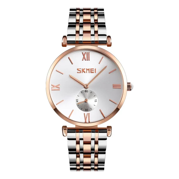 SKMEI 9198 Simple Roman Numeral Dial Metal Belt Quartz Watch for Couples