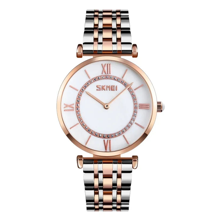 SKMEI 9198 Simple Roman Numeral Dial Metal Belt Quartz Watch for Couples