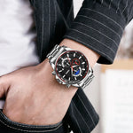 SKMEI 9250 Men Moonphase Stopwatch Date Six Pin Stainless Steel Strap Quartz Watch