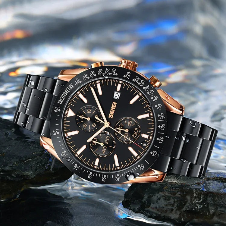 ساعة رجالية SKMEI 9253 ساعة توقيت، تاريخ، ستة دبابيس، حزام من الفولاذ المقاوم للصدأ، كوارتز