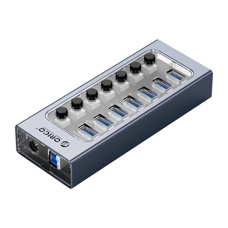 موزع USB متعدد المنافذ 7 في 1 من ORICO AT2U3-7AB-GY-BP من سبيكة الألمنيوم مع مفاتيح فردية، قابس الاتحاد الأوروبي، قابس المملكة المتحدة، قابس أستراليا