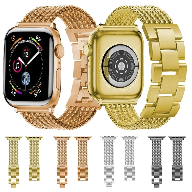 سوار ساعة بديل من الفولاذ بثلاث خرزات وست سلاسل لسلسلة Apple Watch، 7 بحجم 41مم / 6 و SE و 5 و 4 بحجم 40مم / 3 و 2 و 1 بحجم 38مم، 7 بحجم 45مم / 6 و SE و 5 و 4 بحجم 44مم / 3 و 2 و 1 بحجم 42مم