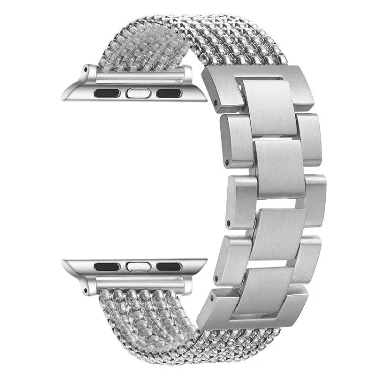 سوار ساعة بديل من الفولاذ بثلاث خرزات وست سلاسل لسلسلة Apple Watch، 7 بحجم 41مم / 6 و SE و 5 و 4 بحجم 40مم / 3 و 2 و 1 بحجم 38مم، 7 بحجم 45مم / 6 و SE و 5 و 4 بحجم 44مم / 3 و 2 و 1 بحجم 42مم