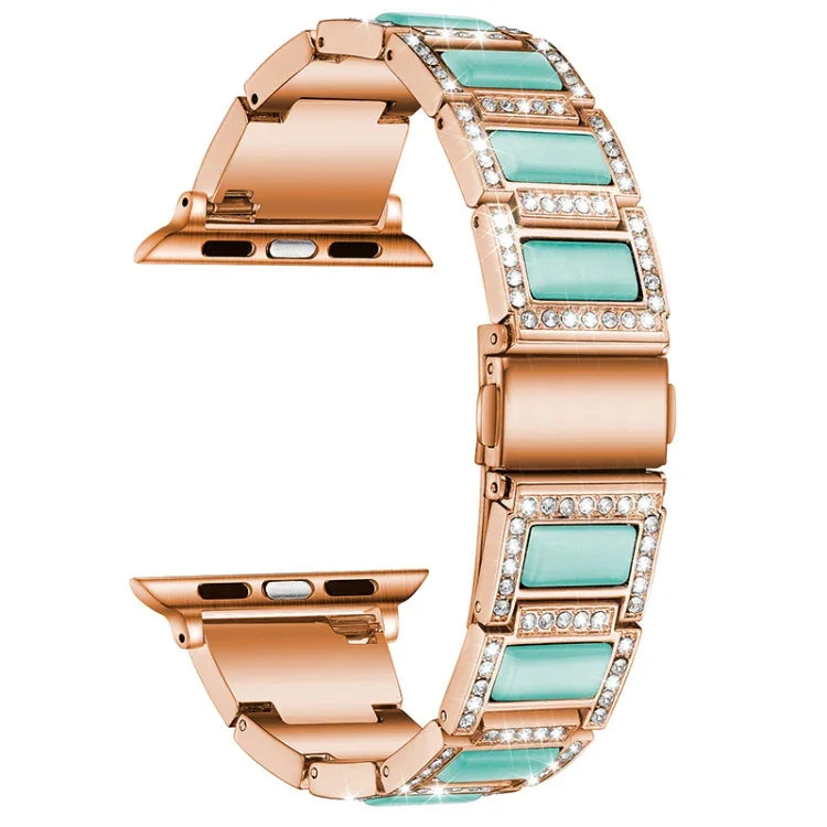 Three-beads Diamond + Gemstone Replacement Strap Watchband For Apple Watch Series, 7 41mm / 6 & SE & 5 & 4 40mm / 3 & 2 & 1 38mm, 7 45mm / 6 & SE & 5 & 4 44mm / 3 & 2 & 1 42mm
