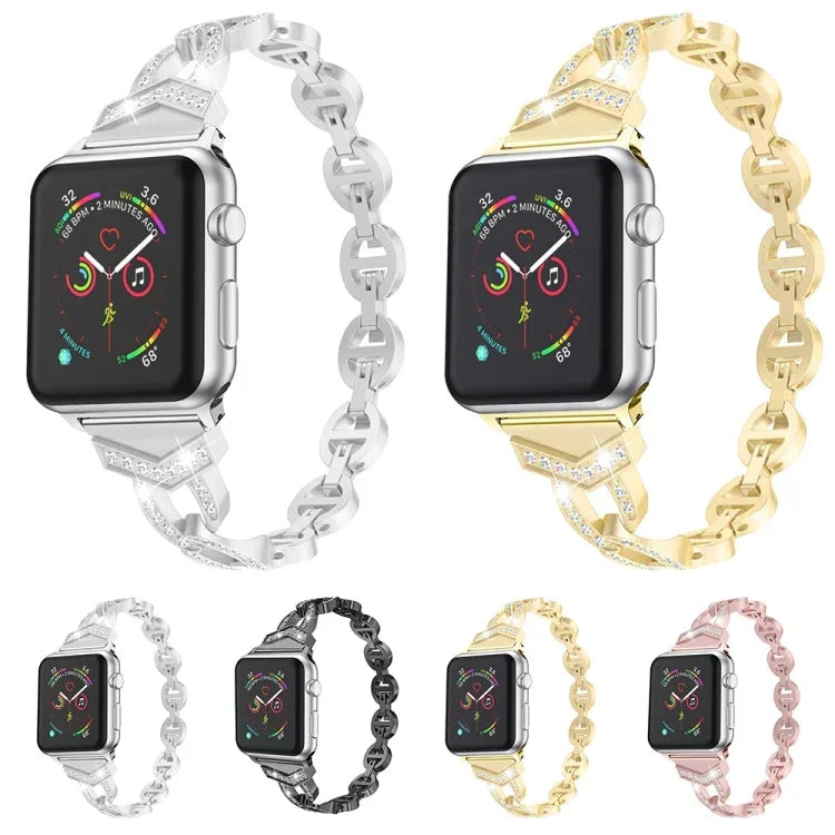 سوار ساعة بديل من الفولاذ المقاوم للصدأ الماسي لسلسلة Apple Watch، 7 بحجم 41مم / 6 و SE و 5 و 4 بحجم 40مم / 3 و 2 و 1 بحجم 38مم، 7 بحجم 45مم / 6 و SE و 5 و 4 بحجم 44مم / 3 و 2 و 1 بحجم 42مم