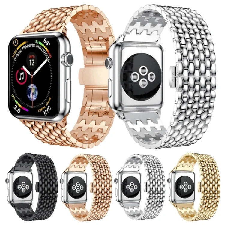 سوار ساعة معدني بديل بنقشة قشور السمك لسلسلة Apple Watch، 7 مقاس 41مم / 6 و SE و 5 و 4 مقاس 40مم / 3 و 2 و 1 مقاس 38مم، 7 مقاس 45مم / 6 و SE و 5 و 4 مقاس 44مم / 3 و 2 و 1 مقاس 42مم