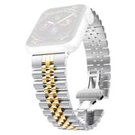 سوار ساعة بديل من الفولاذ المقاوم للصدأ بخمسة خرزات للنساء عرض: 20مم لسلسلة Apple Watch، 7 مقاس 45مم / 6 و SE و 5 و 4 مقاس 44مم / 3 و 2 و 1 مقاس 42مم، 7 مقاس 41مم / 6 و SE و 5 و 4 مقاس 40مم / 3 و 2 و 1 مقاس 38مم
