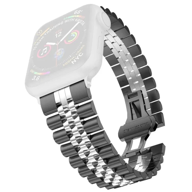 سوار ساعة بديل من الفولاذ المقاوم للصدأ بخمسة خرزات للنساء عرض: 20مم لسلسلة Apple Watch، 7 مقاس 45مم / 6 و SE و 5 و 4 مقاس 44مم / 3 و 2 و 1 مقاس 42مم، 7 مقاس 41مم / 6 و SE و 5 و 4 مقاس 40مم / 3 و 2 و 1 مقاس 38مم