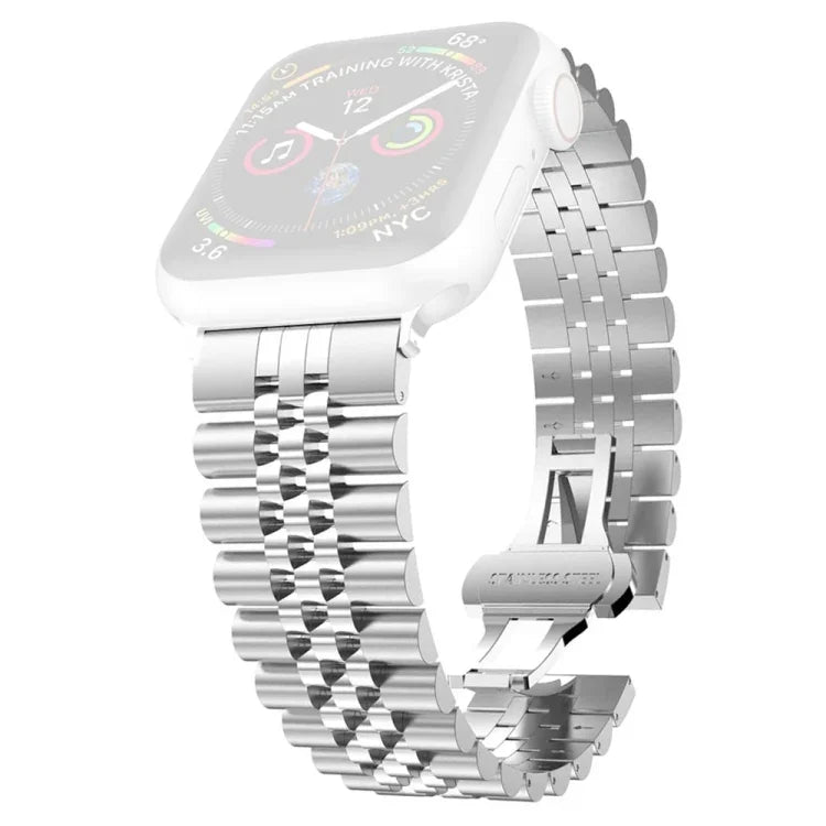 سوار ساعة بديل من الفولاذ المقاوم للصدأ بخمسة خرزات للنساء عرض: 20مم لسلسلة Apple Watch، 7 مقاس 45مم / 6 و SE و 5 و 4 مقاس 44مم / 3 و 2 و 1 مقاس 42مم، 7 مقاس 41مم / 6 و SE و 5 و 4 مقاس 40مم / 3 و 2 و 1 مقاس 38مم
