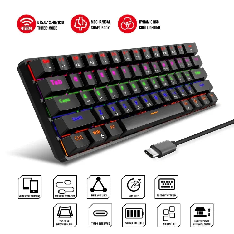 لوحة مفاتيح ميكانيكية HXSJ L800 بعدد 61 مفتاح، بلوتوث 5.0 / 2.4G لاسلكية / سلكية Type-C بثلاثة أوضاع، مفاتيح زرقاء