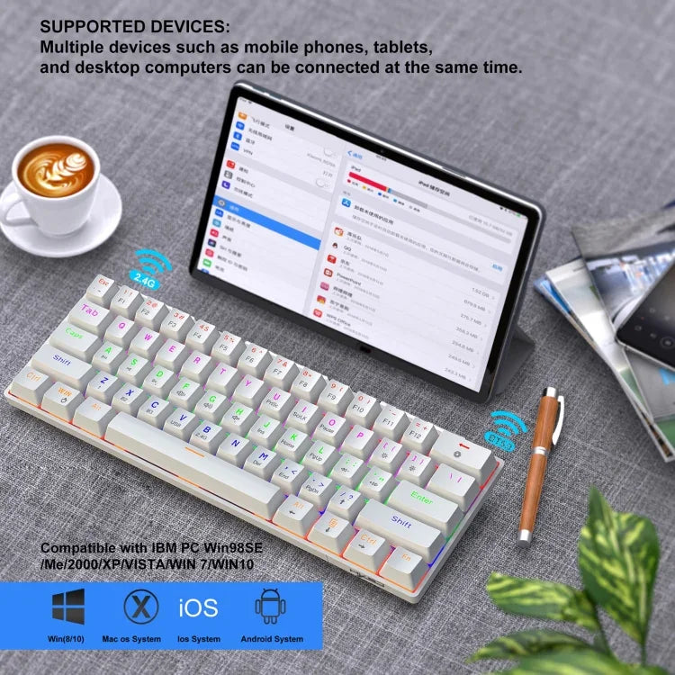 لوحة مفاتيح ميكانيكية HXSJ L800 بعدد 61 مفتاح، بلوتوث 5.0 / 2.4G لاسلكية / سلكية Type-C بثلاثة أوضاع، مفاتيح زرقاء