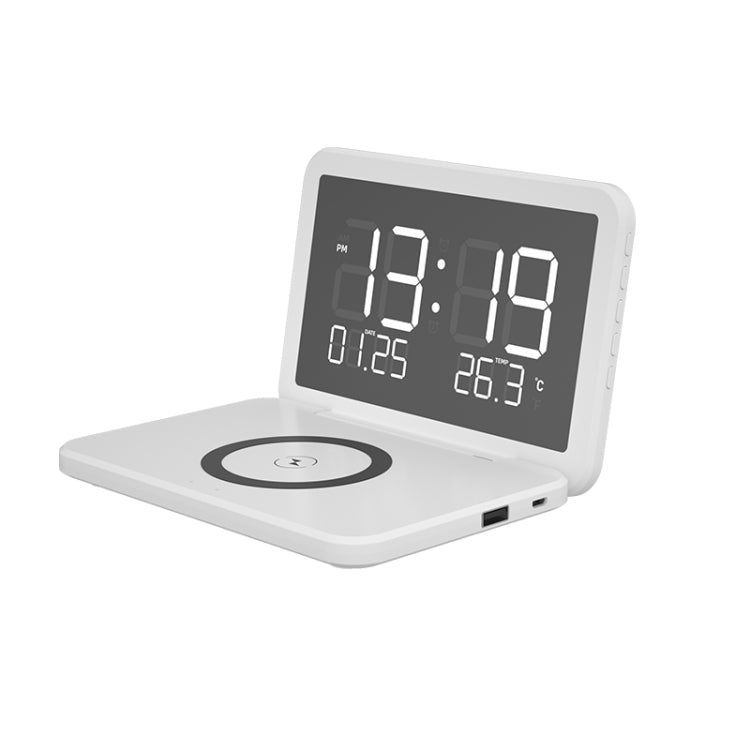 SY-118 شاحن لاسلكي قابل للطي بسطح مرآة 15W مع تقويم مكتبي دائم وساعة ومنبه ووظيفة ضبط سطوع بثلاث مستويات، SY-118 أسود، SY-118 أبيض