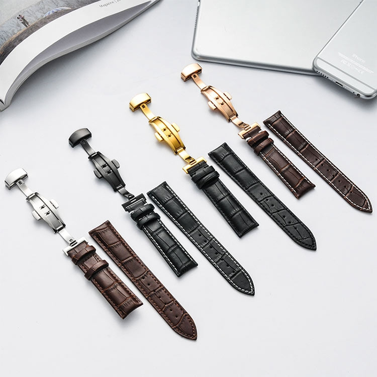 Classic Cowhide Leather Black Butterfly Buckle Replacement Strap Watchband, 10mm, 12mm, 14mm, 16mm, 18mm, 20mm, 22mm, 24mm