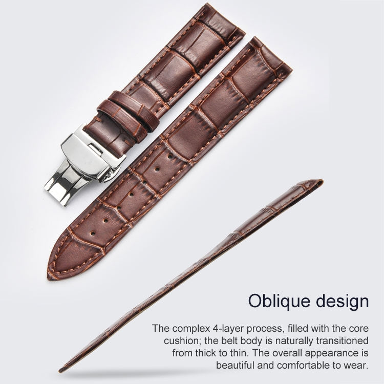 Classic Cowhide Leather Black Butterfly Buckle Replacement Strap Watchband, 10mm, 12mm, 14mm, 16mm, 18mm, 20mm, 22mm, 24mm