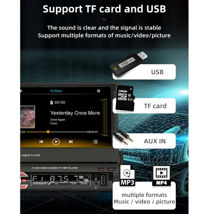 مشغل MP5 بشاشة يدوية قابلة للسحب 7 بوصة عالي الدقة 9601C للسيارة مع Carplay، يدعم FM وبلوتوث وبطاقة TF، 9601C