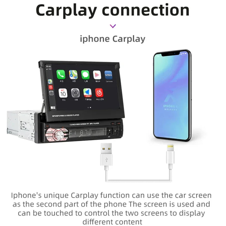 مشغل MP5 بشاشة يدوية قابلة للسحب 7 بوصة عالي الدقة 9601C للسيارة مع Carplay، يدعم FM وبلوتوث وبطاقة TF، 9601C