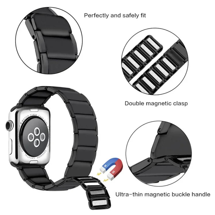 سوار ساعة بديل من الفولاذ المغناطيسي مع وصلات من الخيزران لسلسلة Apple Watch، 7 مقاس 41مم / 6&SE&5&4 مقاس 40مم / 3&2&1 مقاس 38مم، 7 مقاس 45مم / 6&SE&5&4 مقاس 44مم / 3&2&1 مقاس 42مم