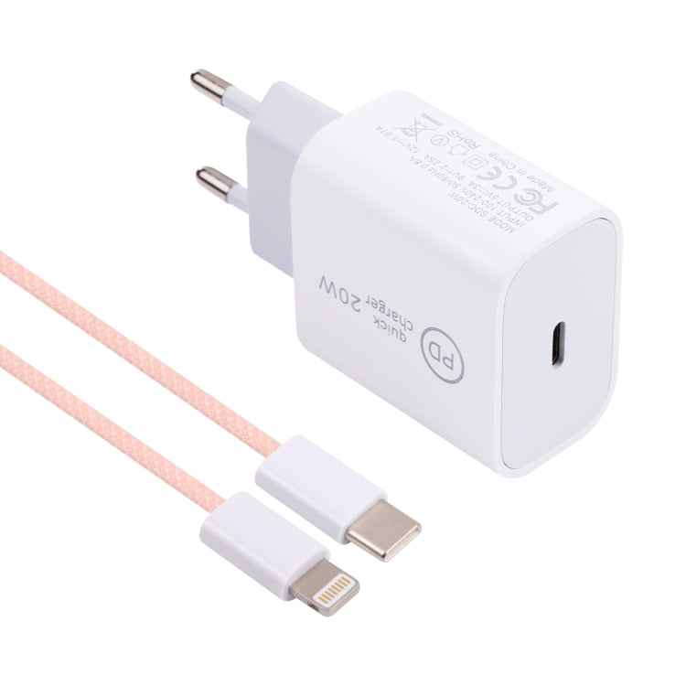 شاحن سفر SDC-20W PD USB-C / Type-C + كابل بيانات USB-C / Type-C إلى 8 دبابيس بطول 1 متر بقوة 12 واط، قابس الاتحاد الأوروبي، قابس الولايات المتحدة
