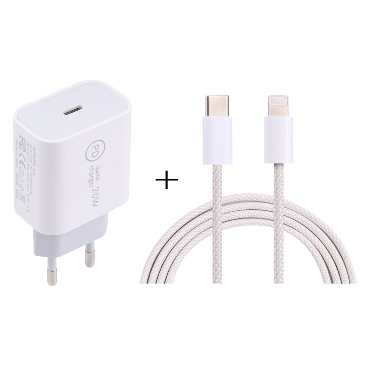 شاحن سفر SDC-20W PD USB-C / Type-C + كابل بيانات USB-C / Type-C إلى 8 دبابيس بطول 1 متر بقوة 12 واط، قابس الاتحاد الأوروبي، قابس الولايات المتحدة