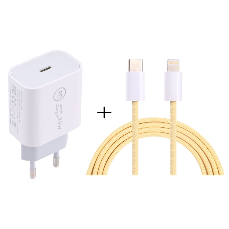 شاحن سفر SDC-20W PD USB-C / Type-C + كابل بيانات USB-C / Type-C إلى 8 دبابيس بطول 1 متر بقوة 12 واط، قابس الاتحاد الأوروبي، قابس الولايات المتحدة