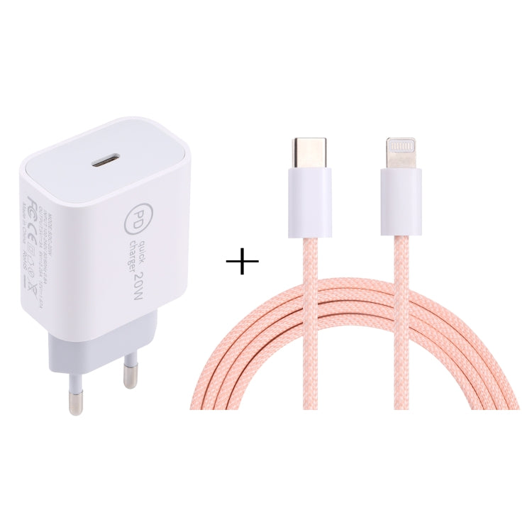 شاحن سفر SDC-20W PD USB-C / Type-C + كابل بيانات USB-C / Type-C إلى 8 دبابيس بطول 1 متر بقوة 20 واط، قابس الاتحاد الأوروبي، قابس الولايات المتحدة