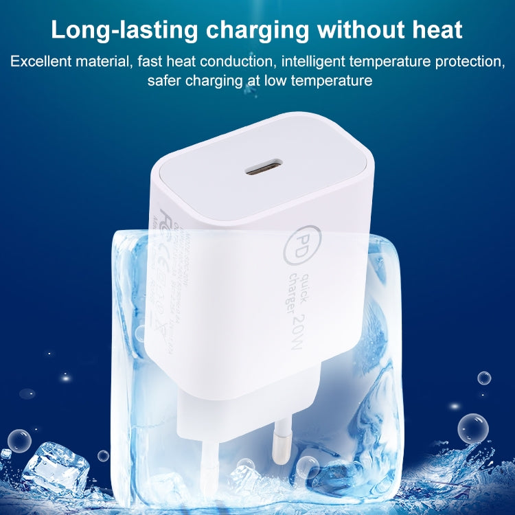 شاحن سفر SDC-20W PD USB-C / Type-C + كابل بيانات USB-C / Type-C إلى 8 دبابيس بطول 1 متر بقوة 20 واط، قابس الاتحاد الأوروبي، قابس الولايات المتحدة