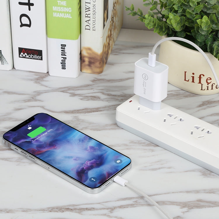 شاحن سفر SDC-20W PD USB-C / Type-C + كابل بيانات USB-C / Type-C إلى 8 دبابيس بطول 1 متر بقوة 20 واط، قابس الاتحاد الأوروبي، قابس الولايات المتحدة