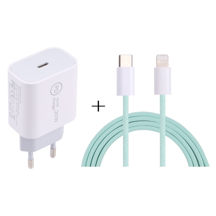 شاحن سفر SDC-20W PD USB-C / Type-C + كابل بيانات USB-C / Type-C إلى 8 دبابيس بطول 1 متر بقوة 20 واط، قابس الاتحاد الأوروبي، قابس الولايات المتحدة