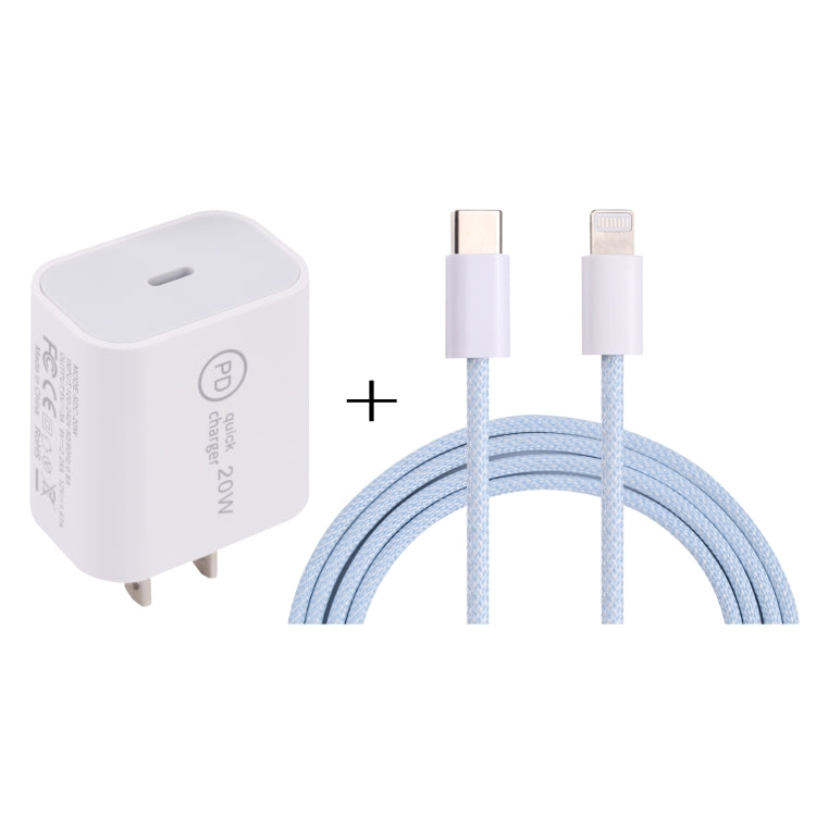شاحن سفر SDC-20W PD USB-C / Type-C + كابل بيانات USB-C / Type-C إلى 8 دبابيس بطول 1 متر بقوة 20 واط، قابس الاتحاد الأوروبي، قابس الولايات المتحدة