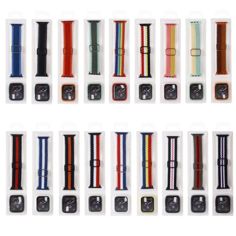 طقم سوار ساعة من النايلون المنسوج المخطط القابل للتعديل + غطاء ساعة لسلسلة Apple Watch، 7 مقاس 41 مم/6&SE&5&4 مقاس 40 مم/3&2&1 مقاس 38 مم، 7 مقاس 45 مم/6&SE&5&4 مقاس 44 مم/3&2&1 مقاس 42 مم