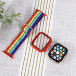 طقم سوار ساعة من النايلون المنسوج المخطط القابل للتعديل + غطاء ساعة لسلسلة Apple Watch، 7 مقاس 41 مم/6&SE&5&4 مقاس 40 مم/3&2&1 مقاس 38 مم، 7 مقاس 45 مم/6&SE&5&4 مقاس 44 مم/3&2&1 مقاس 42 مم