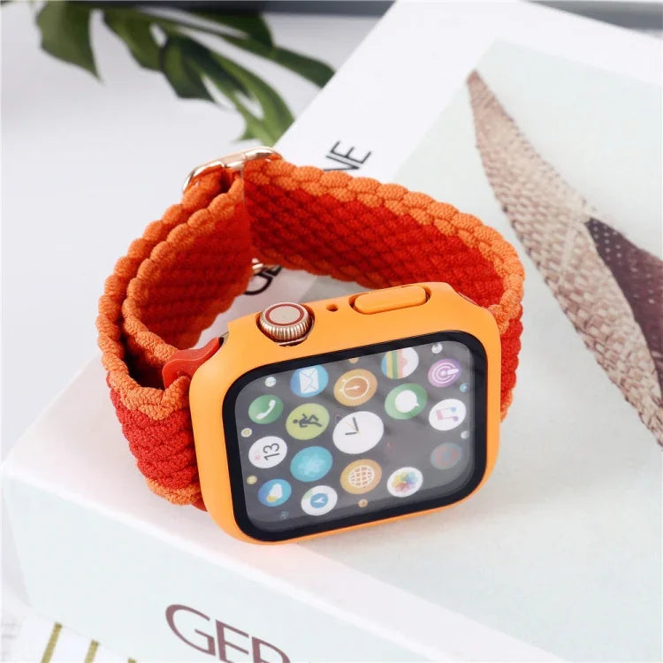 طقم سوار ساعة من النايلون المنسوج المخطط القابل للتعديل + غطاء ساعة لسلسلة Apple Watch، 7 مقاس 41 مم/6&SE&5&4 مقاس 40 مم/3&2&1 مقاس 38 مم، 7 مقاس 45 مم/6&SE&5&4 مقاس 44 مم/3&2&1 مقاس 42 مم