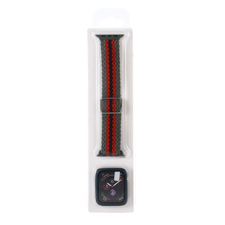 طقم سوار ساعة من النايلون المنسوج المخطط القابل للتعديل + غطاء ساعة لسلسلة Apple Watch، 7 مقاس 41 مم/6&SE&5&4 مقاس 40 مم/3&2&1 مقاس 38 مم، 7 مقاس 45 مم/6&SE&5&4 مقاس 44 مم/3&2&1 مقاس 42 مم