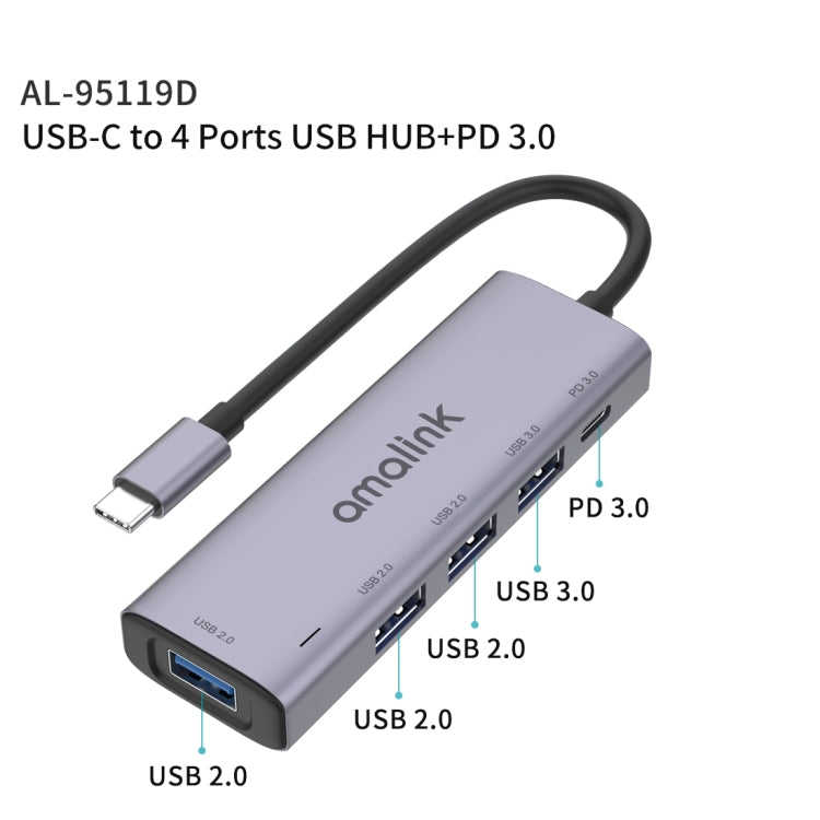 محطة إرساء متعددة الوظائف amalink 95119D من نوع-C / USB-C إلى 4 منافذ USB + PD 3.0، 95119D