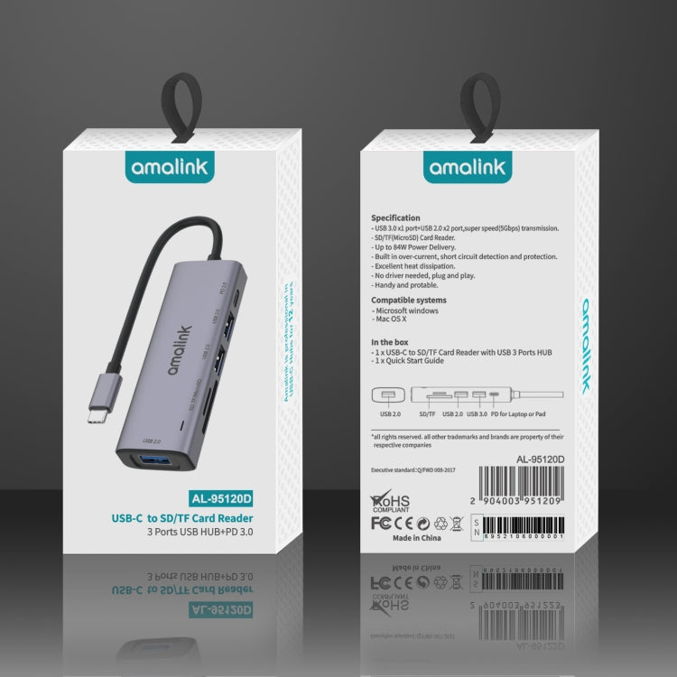 محطة إرساء متعددة الوظائف amalink 95120D من نوع-C / USB-C إلى SD/TF + 3 منافذ USB + PD 3.0، 95120D