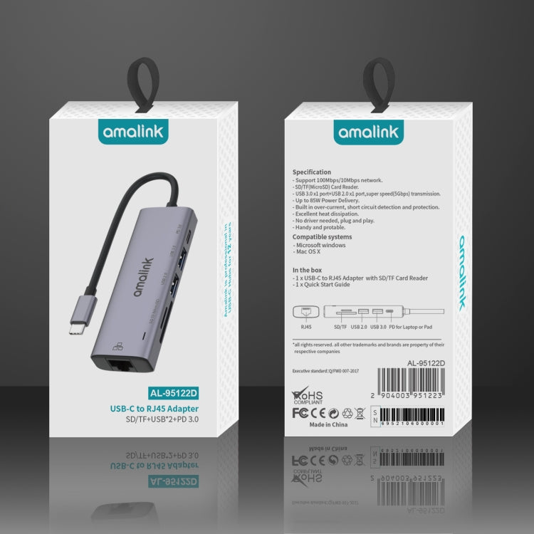 موزع متعدد الوظائف amalink 95122D من نوع-C / USB-C إلى RJ45 + 2 منافذ USB + PD 3.0، 95122D