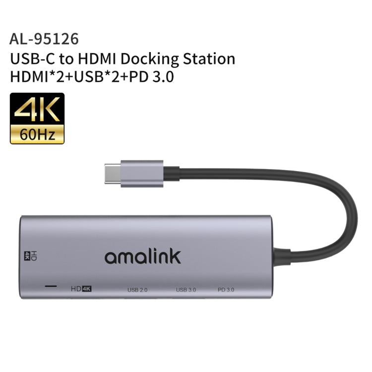 موزع متعدد الوظائف amalink 95126 من نوع-C / USB-C إلى HDMI مزدوج + 2 منافذ USB + PD 3.0، 95126