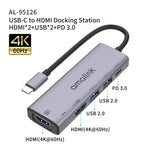 موزع متعدد الوظائف amalink 95126 من نوع-C / USB-C إلى HDMI مزدوج + 2 منافذ USB + PD 3.0، 95126