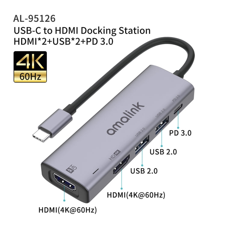 موزع متعدد الوظائف amalink 95126 من نوع-C / USB-C إلى HDMI مزدوج + 2 منافذ USB + PD 3.0، 95126
