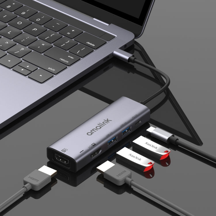 موزع متعدد الوظائف amalink 95126 من نوع-C / USB-C إلى HDMI مزدوج + 2 منافذ USB + PD 3.0، 95126