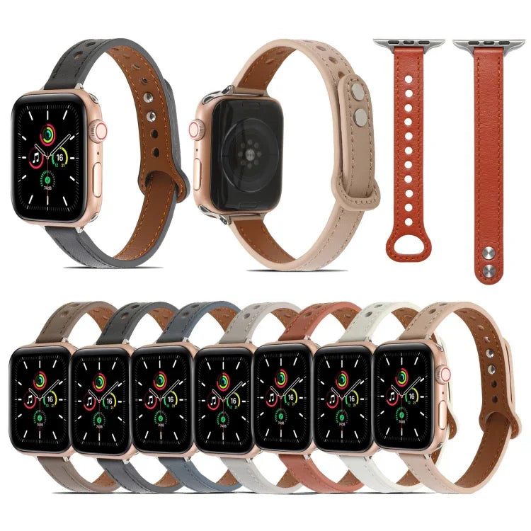 سوار ساعة من الجلد مع مسامير مزدوجة لسلسلة Apple Watch، 7 بقياس 41مم / 6&SE&5&4 بقياس 40مم / 3&2&1 بقياس 38مم، 7 بقياس 45مم / 6&SE&5&4 بقياس 44مم / 3&2&1 بقياس 42مم