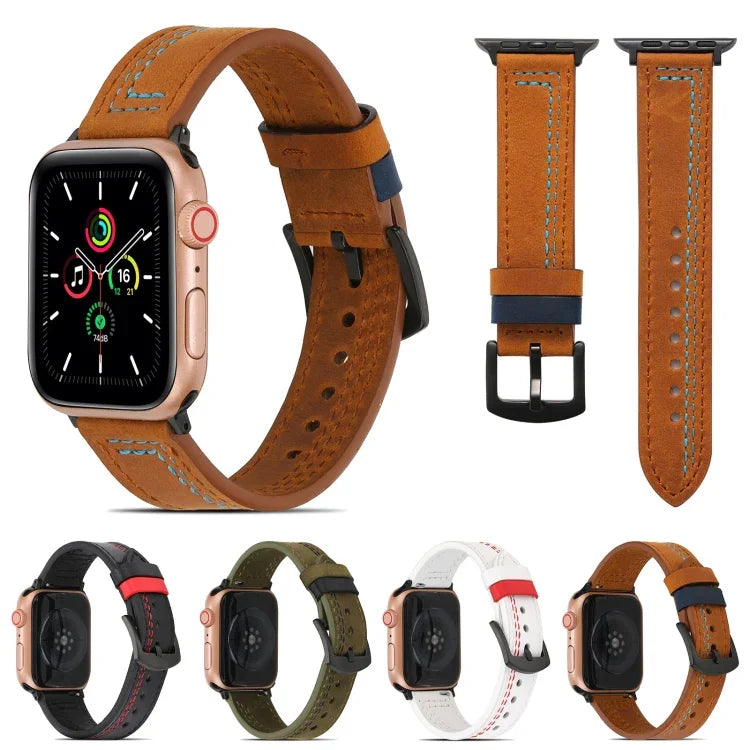 سوار ساعة من الجلد المطفأ مخيط لسلسلة Apple Watch، 7 41mm / 6&SE&5&4 40mm / 3&2&1 38mm، 7 45mm / 6&SE&5&4 44mm / 3&2&1 42mm