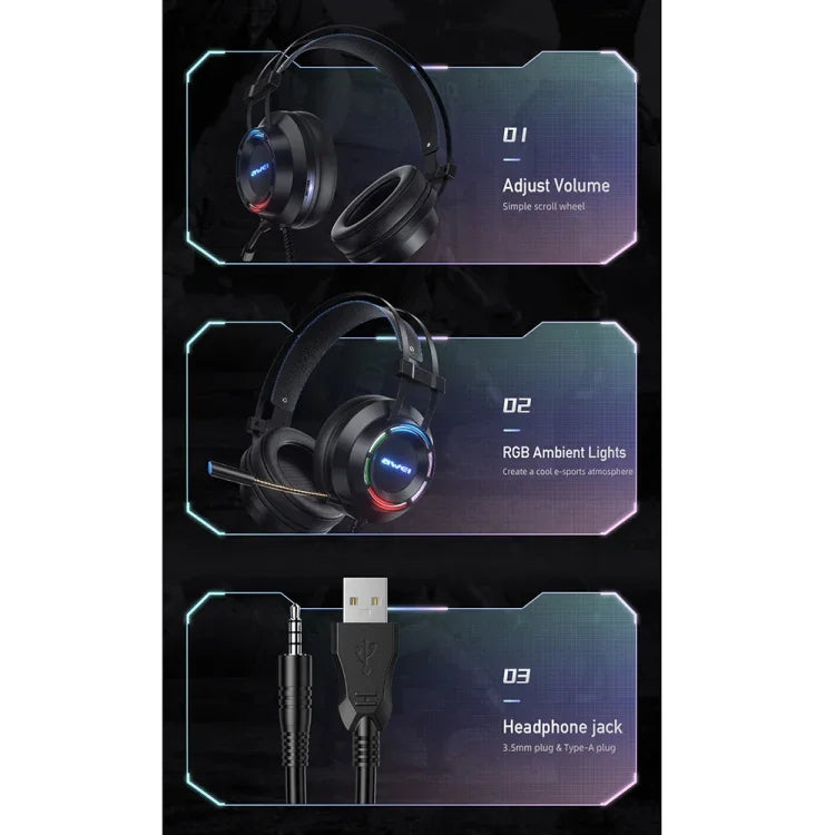 سماعة ألعاب سلكية awei GM-2 USB + 3.5 مم مع إضاءة محيطية وميكروفون، GM-2