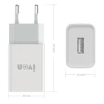 شاحن سفر IVON AD-33 2 في 1 بمنفذ USB واحد 2.1A + مجموعة كابل بيانات USB إلى 8 سنون بطول 1 متر، قابس الاتحاد الأوروبي، قابس الولايات المتحدة