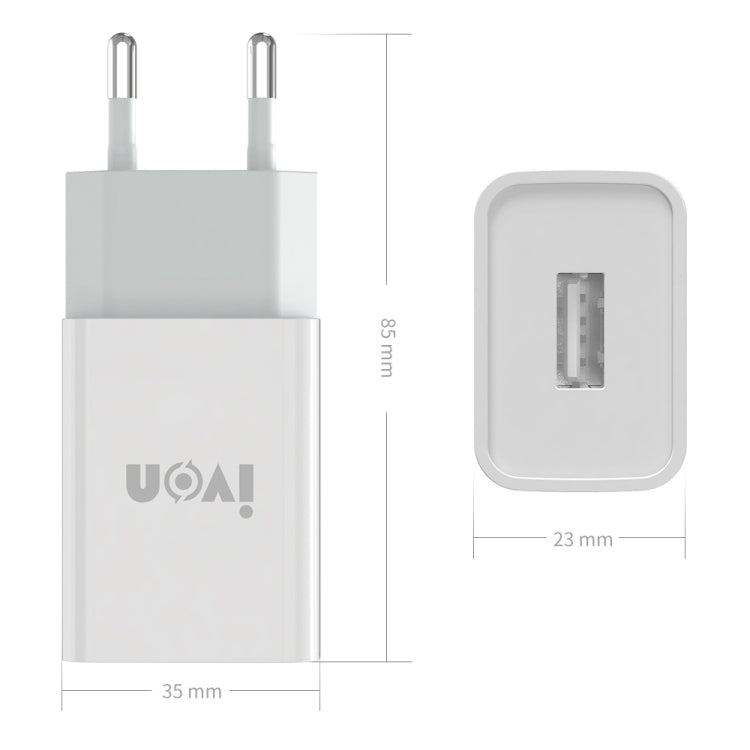 شاحن سفر IVON AD-33 2 في 1 بمنفذ USB واحد 2.1A + مجموعة كابل بيانات USB إلى 8 سنون بطول 1 متر، قابس الاتحاد الأوروبي، قابس الولايات المتحدة