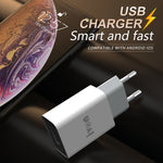 شاحن سفر IVON AD-33 2 في 1 بمنفذ USB واحد 2.1A + مجموعة كابل بيانات USB إلى 8 سنون بطول 1 متر، قابس الاتحاد الأوروبي، قابس الولايات المتحدة