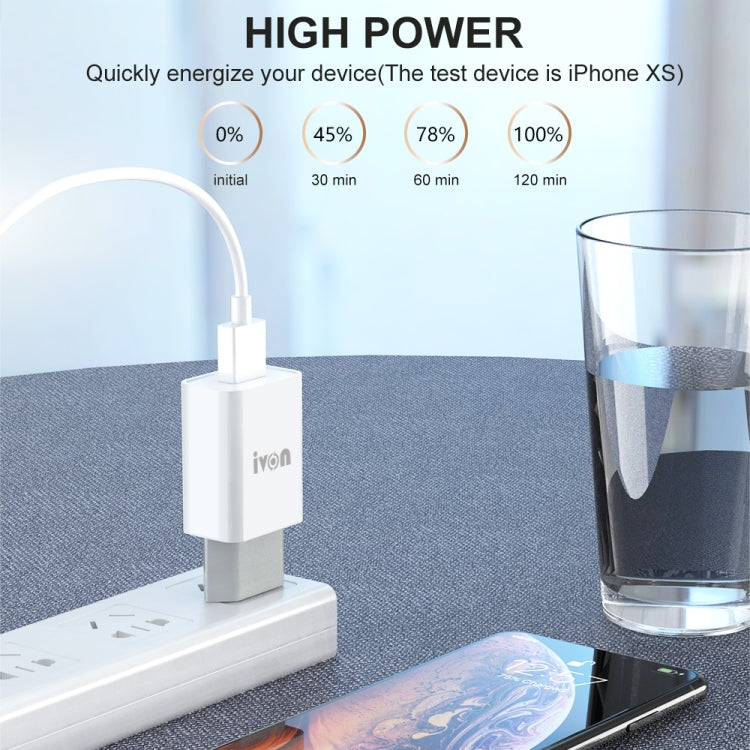شاحن سفر IVON AD-33 2 في 1 بمنفذ USB واحد 2.1A + مجموعة كابل بيانات USB إلى 8 سنون بطول 1 متر، قابس الاتحاد الأوروبي، قابس الولايات المتحدة