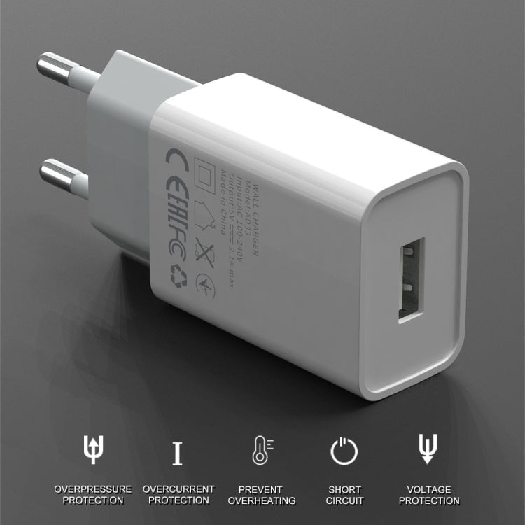 شاحن سفر IVON AD-33 2 في 1 بمنفذ USB واحد 2.1A + مجموعة كابل بيانات USB إلى 8 سنون بطول 1 متر، قابس الاتحاد الأوروبي، قابس الولايات المتحدة