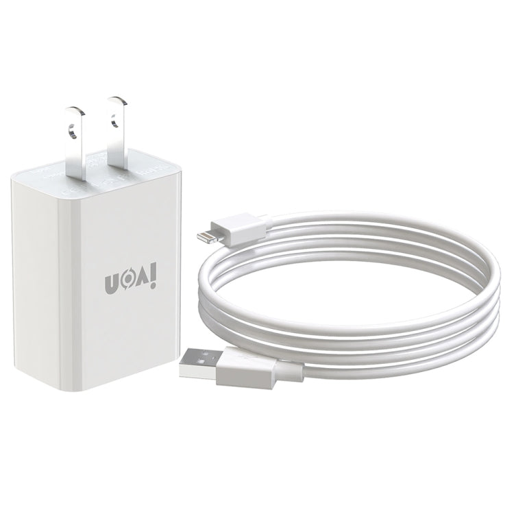 شاحن سفر IVON AD-33 2 في 1 بمنفذ USB واحد 2.1A + مجموعة كابل بيانات USB إلى 8 سنون بطول 1 متر، قابس الاتحاد الأوروبي، قابس الولايات المتحدة
