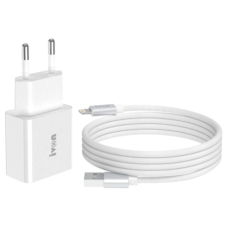 شاحن سفر IVON AD-35 2 في 1 بمنفذ USB 18 واط QC3.0 + مجموعة كابل بيانات USB إلى 8 سنون بطول 1 متر، قابس الاتحاد الأوروبي، قابس الولايات المتحدة